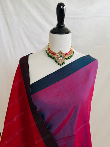 ShopNaya Exclusive | Handwoven | Cotton Saree | No Blouse | Red & Black | Dual Shade | Handloom Mark | Ships from California